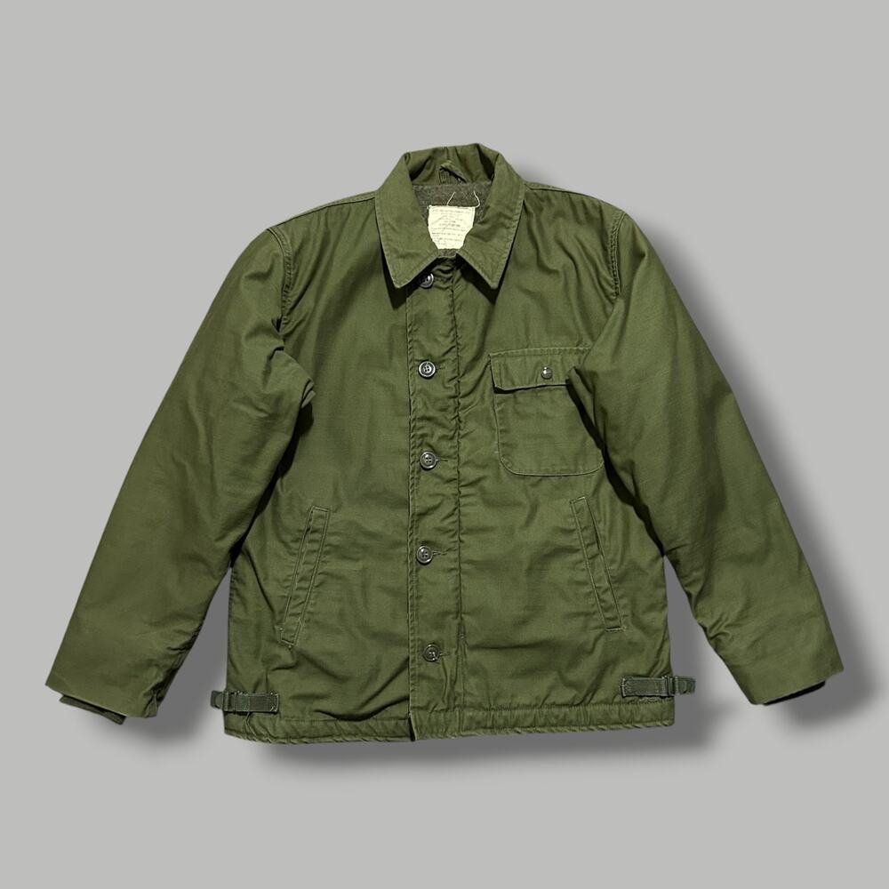 Vintage 60s Deck Jacket USN A2 Olive Green Military Full Zip Lined Coat US Navy